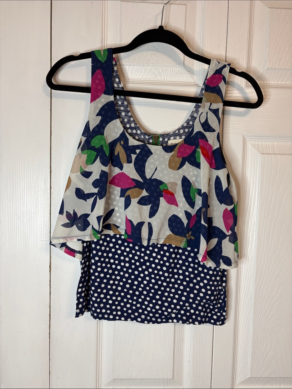 Anthropologie Meadow Rue Layered Polka Dot Floral Tank Top Navy, Pink, Green XS